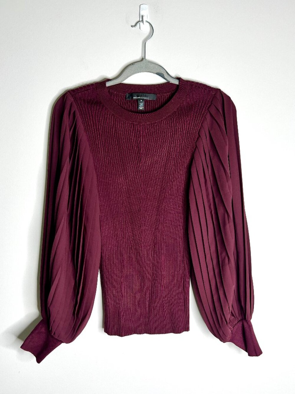White House Black Market Burgundy Bishop Sleeves Ribbed Knit Top Career Preppy M